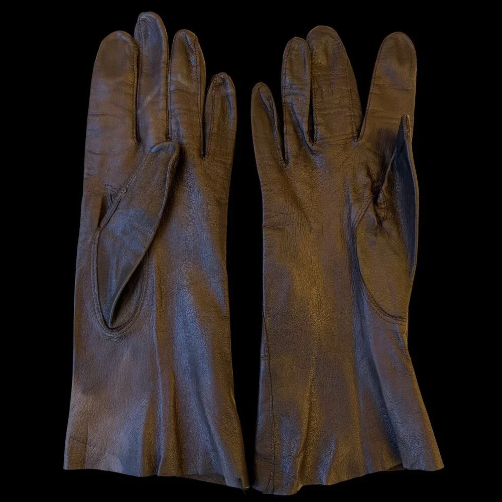 Vintage Brown Leather Gloves Unlined Above Wrist WASHABLE Womens 7.5